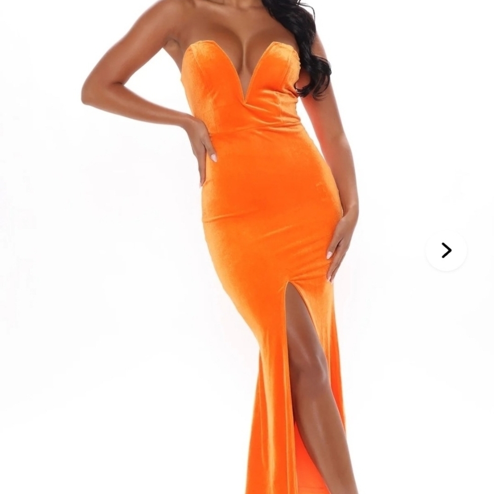 Fashion Nova Vibrant Orange Strapless Dress Velvet Dreams Maxi Dress Orange New